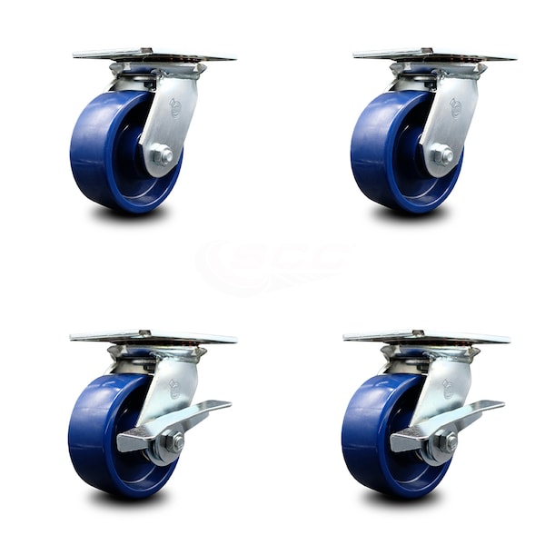 5 Inch Solid Poly Swivel Caster Set with Ball Bearings 2 Brakes